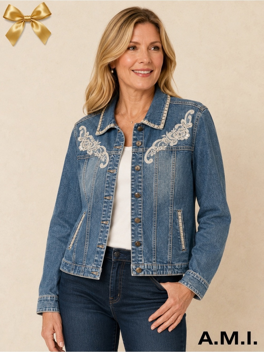A.M.I. Decorated Jeans Jacket Blue Lace Rhinestone Pearl Sequin Pockets Sz S